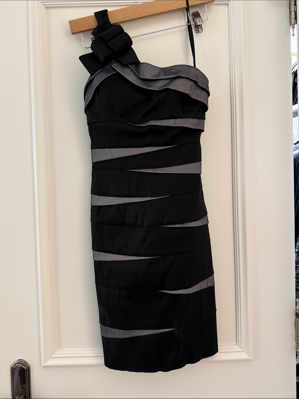 Betsy & Adam Black One-Shoulder Cocktail Dress with Silver Accents